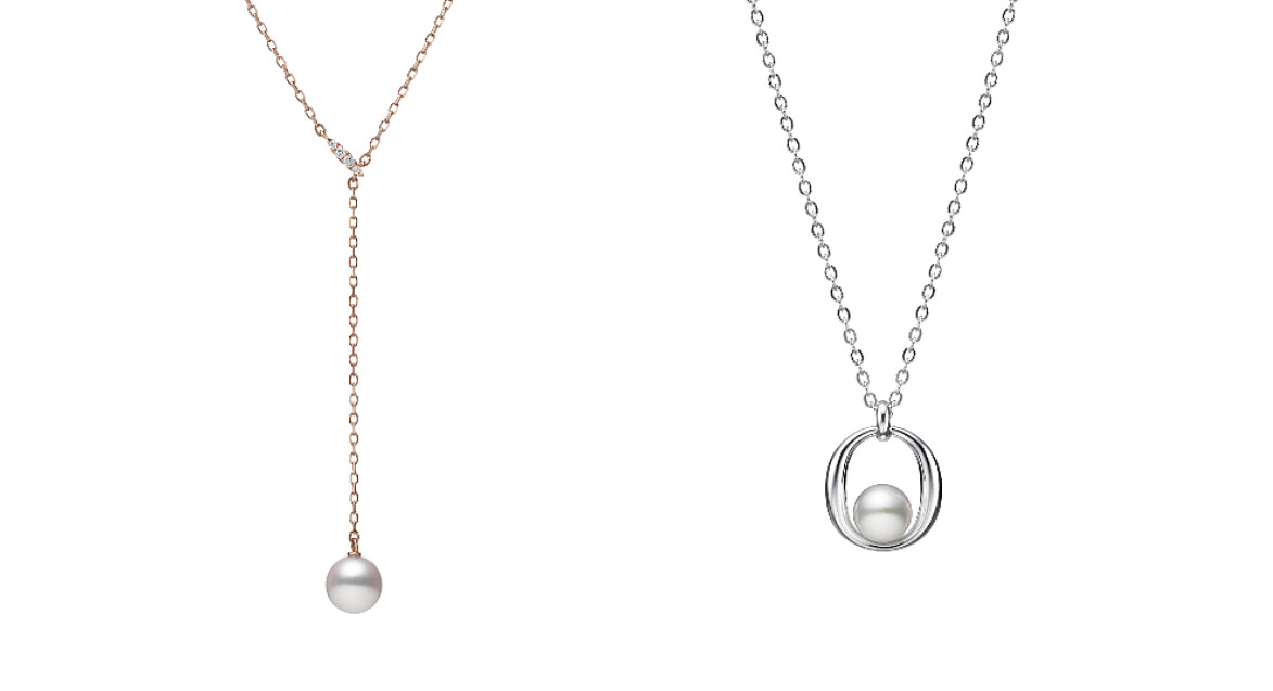 MIKIMOTO 珍珠鑽石Y字墜鍊，參考價格NT$53,000；MIKIMOTO珍珠墜鍊，參考價格NT$12,000。