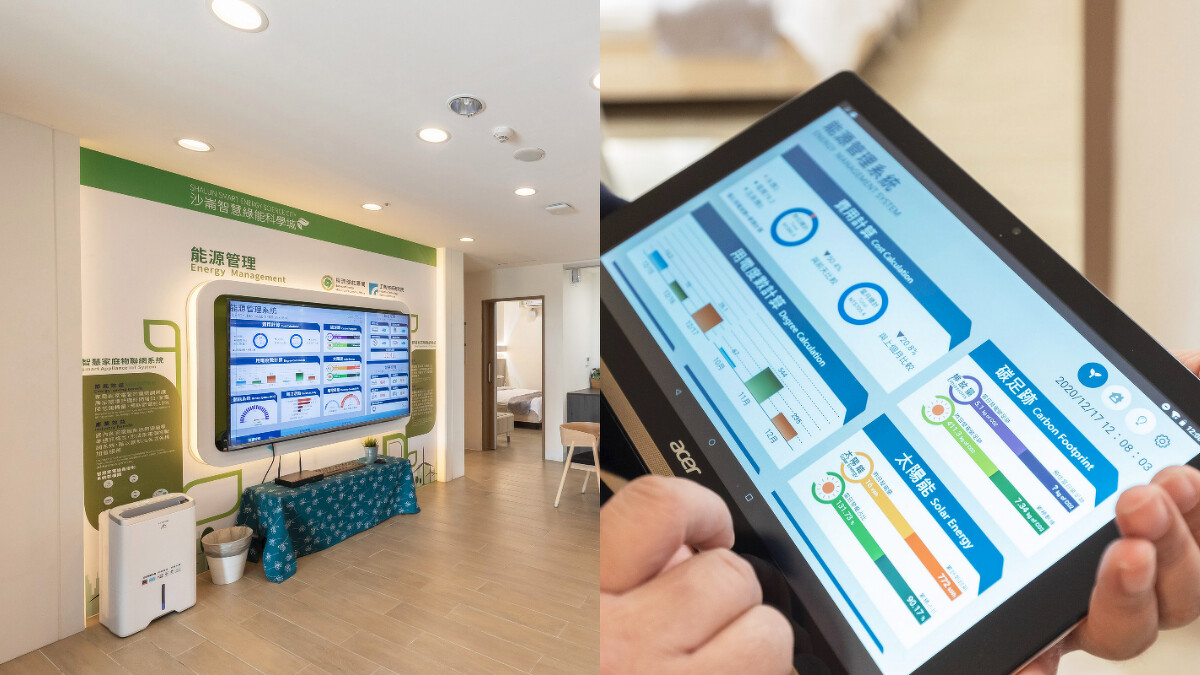 ▲屋內的後台系統可以監測用電情形，也可以控制照明、空調與窗簾。（合成圖／工業技術研究院提供）