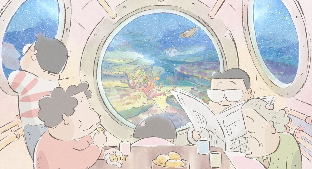 《隔壁的山田君》運用鉛筆原稿的粗曠線條，再塗上水彩畫的彩色