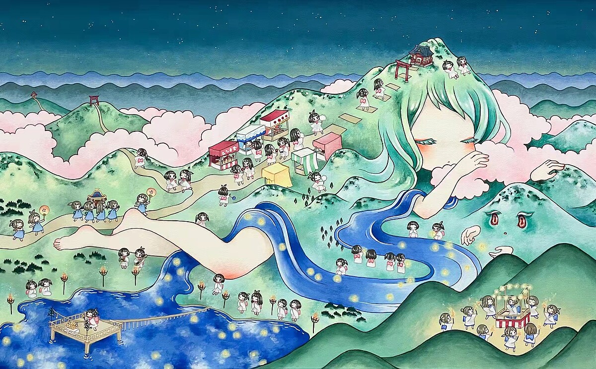 金田涼子《祭禮音樂》夏夜。山的周圍舉行了各種各樣的祭神儀式，與熱鬧的節日一起，描繪了對山的祈禱和對神許願等的樣子。