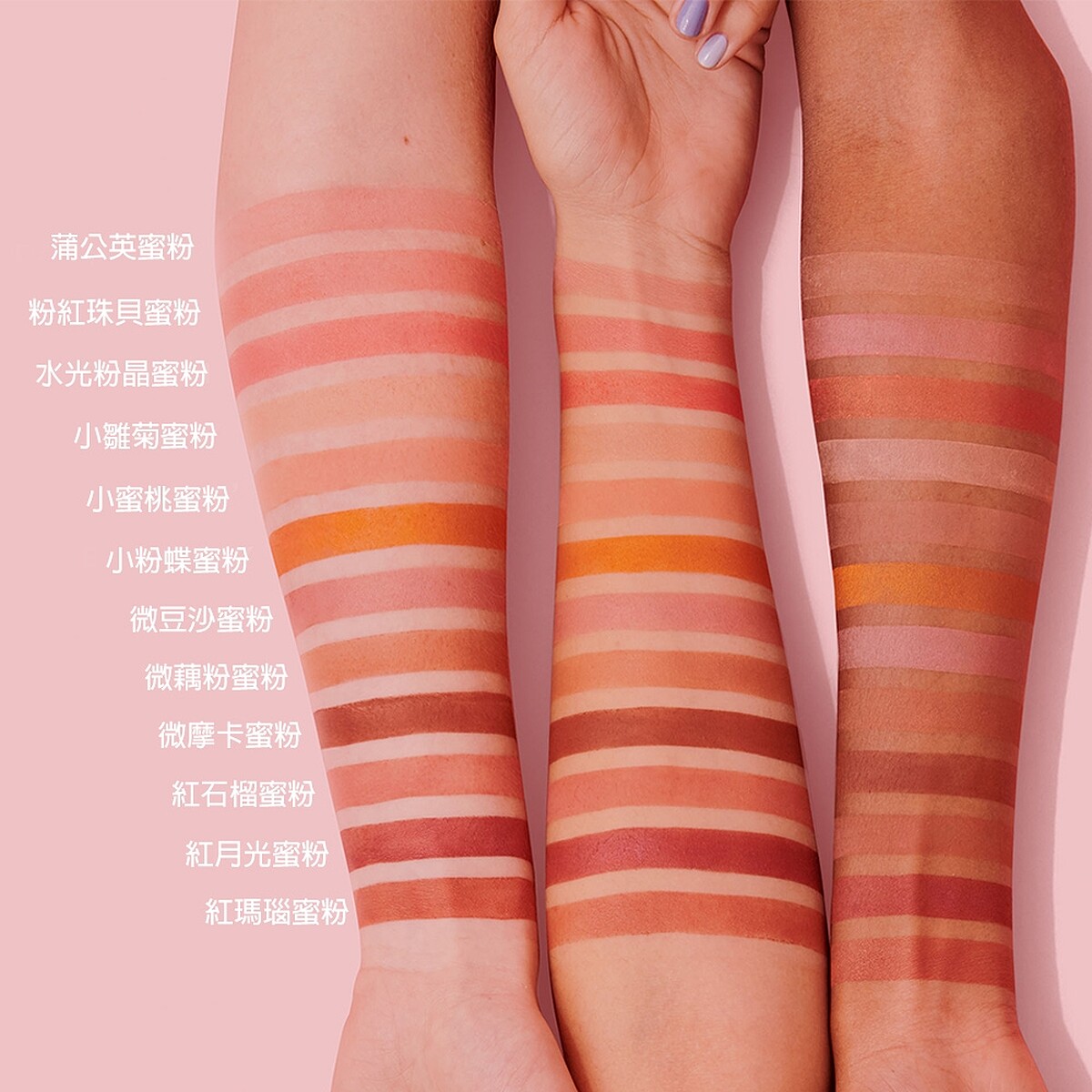 benefit夢遊仙境蜜粉盒腮紅12色試色照。