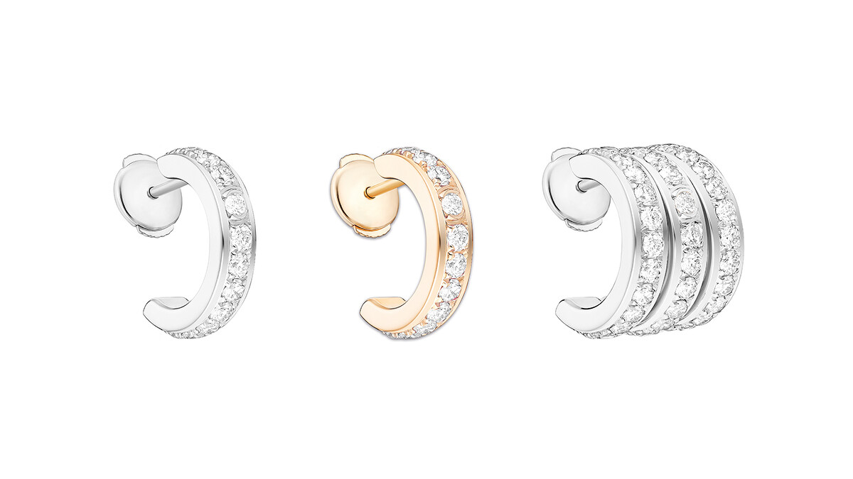 左至右：PIAGET Possession系列18K白金鑽石單圈耳環、18K玫瑰金鑽石單圈耳環、18K白金鑽石三圈耳環。