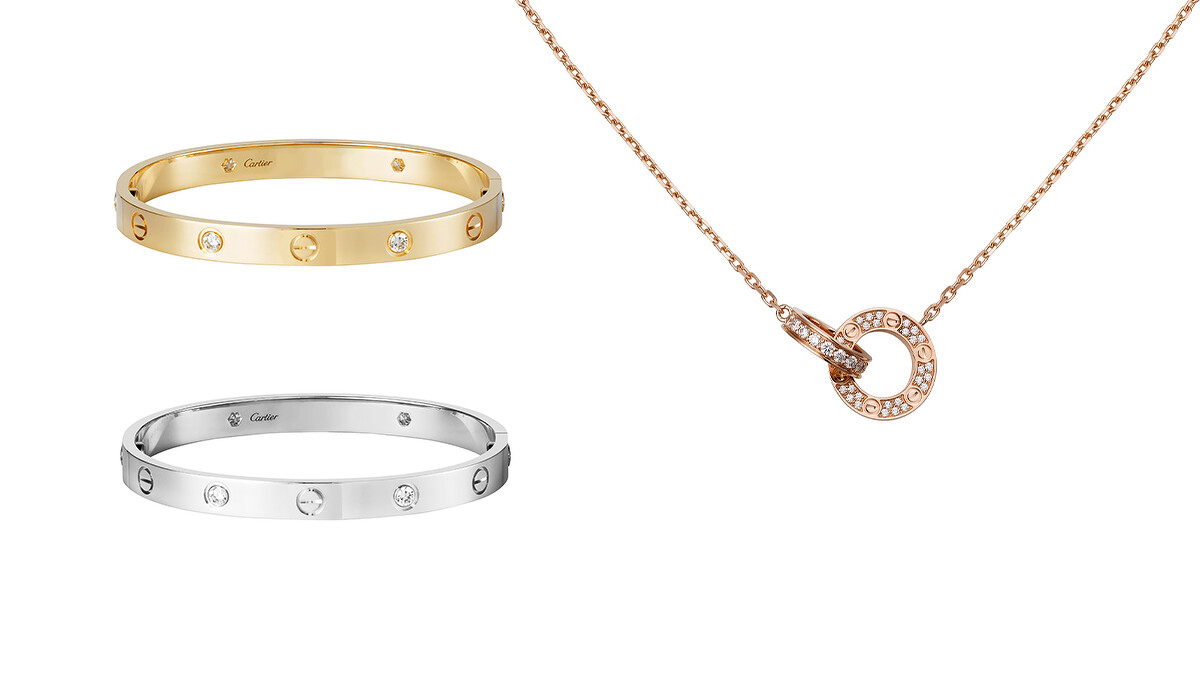 LOVE黃金鑽石手鐲、LOVE白金鑽石手鐲、LOVE玫瑰金鑽石項鍊。
