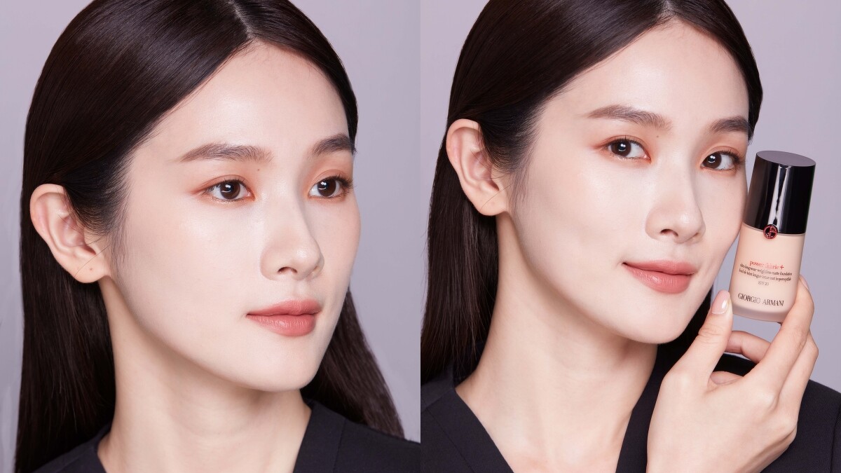 亞曼尼超持妝絲絨水慕斯粉底模特兒完妝。