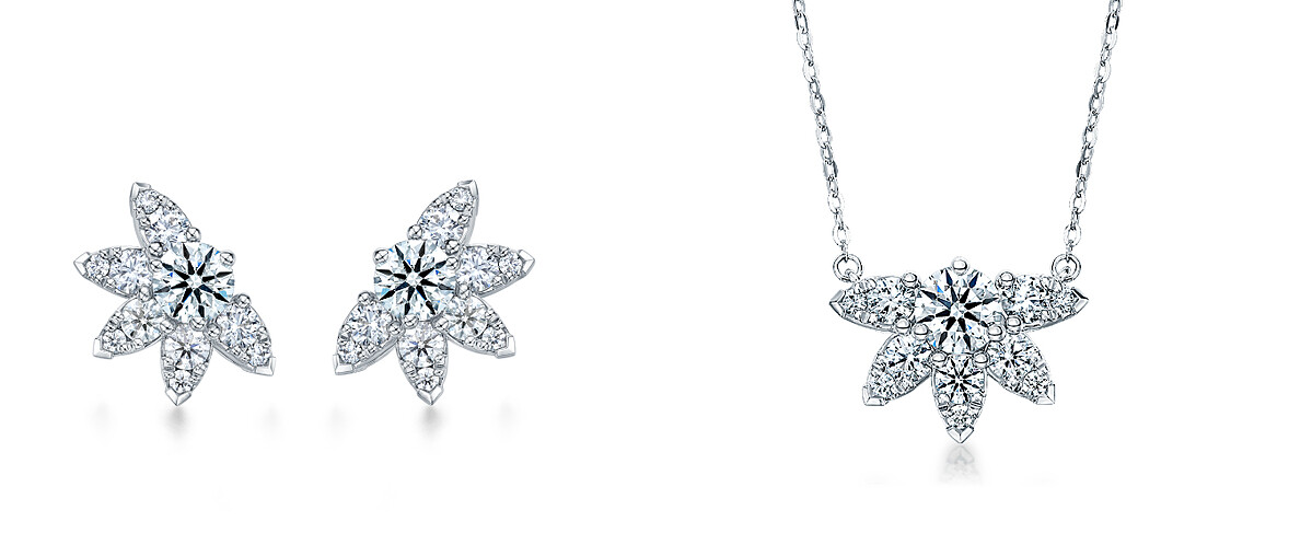 (左)Aerial系列Sunburst白K金鑽石耳環(小型)、(右)Aerial系列Sunburst白K金鑽石項鍊。