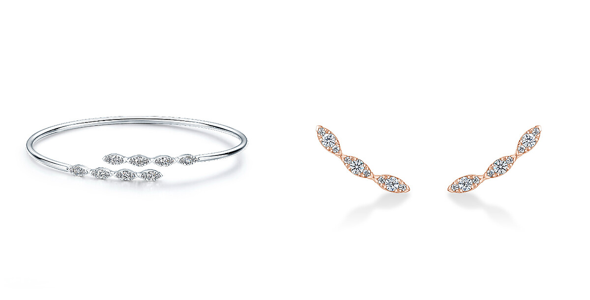 (左)Aerial系列Marquis白K金鑽石手鐲、(右)Aerial系列Marquis玫瑰金鑽石耳環。