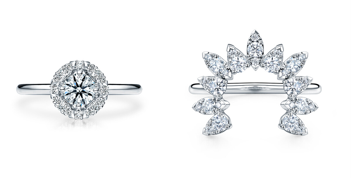 (左)Aerial系列Marquis Halo鑽石戒指，主鑽0.30ct起。(右)Aerial系列Sunburst鑽石戒指。