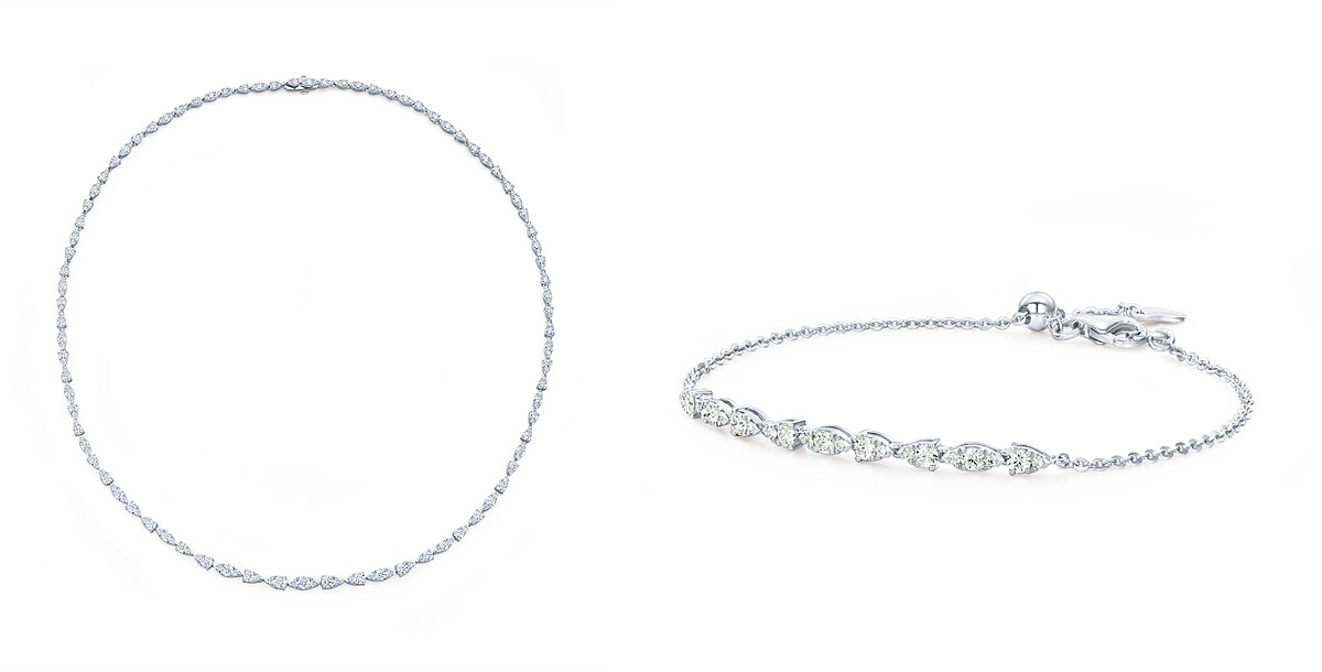 (左)Aerial系列Dewdrop白K金鑽石項鍊、(右)Aerial Dewdrop 白K金鑽石手鍊。