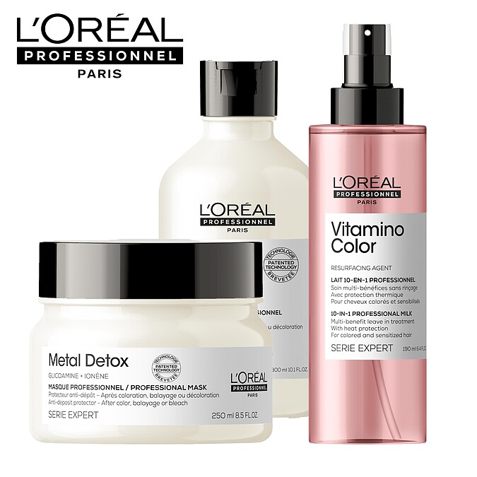 7.萊雅絲漾博洗護髮組 （含絲漾博吸金喚彩洗髮精 300ml+絲漾博吸金喚彩髮膜 250ml+絲漾博飽和護色發光噴霧190ml）