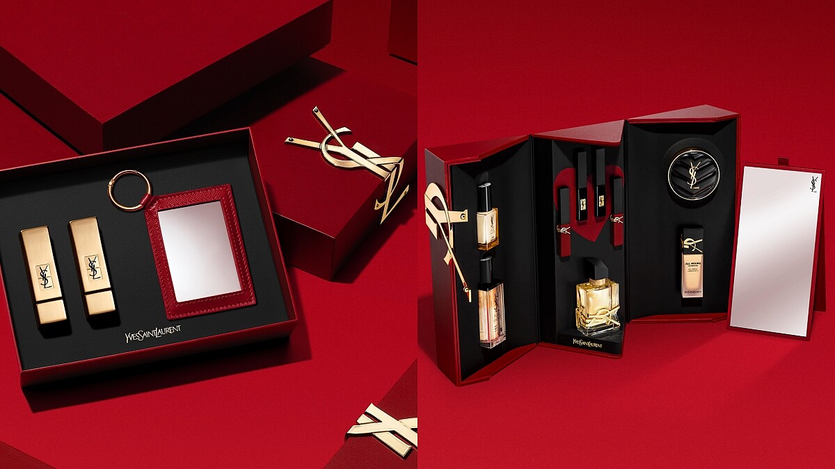 YSL 2022七夕(左)單筆消費滿NT5,000享限量極速追愛禮盒包裝、(右)單筆消費滿NT10,000同時含自由不羈香水指定品項，享限量極速追愛收納展示禮盒。