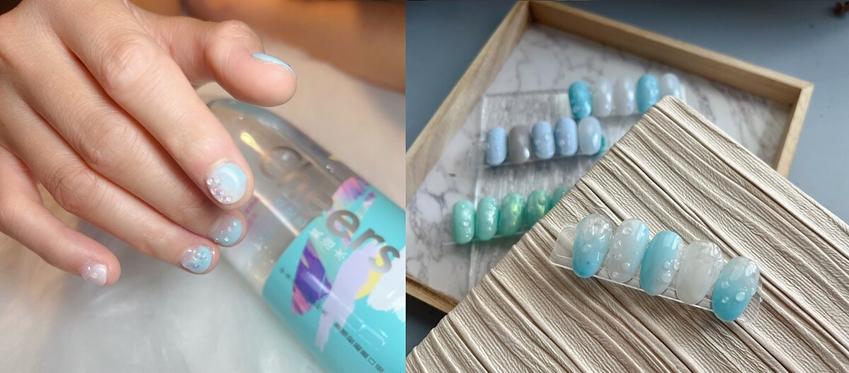 超級夏天的美甲色調組合,交錯讓整體看起來既清爽又超有氣質,完成後妝點在甲面上的立體透明水滴更是清涼的感覺