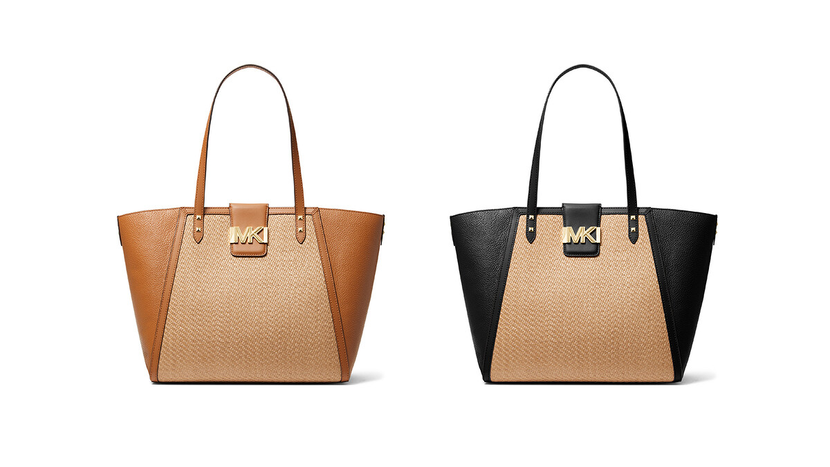 Karlie駝色皮革拼接編織提包、黑色皮革拼接編織提包，各NT17,700。 