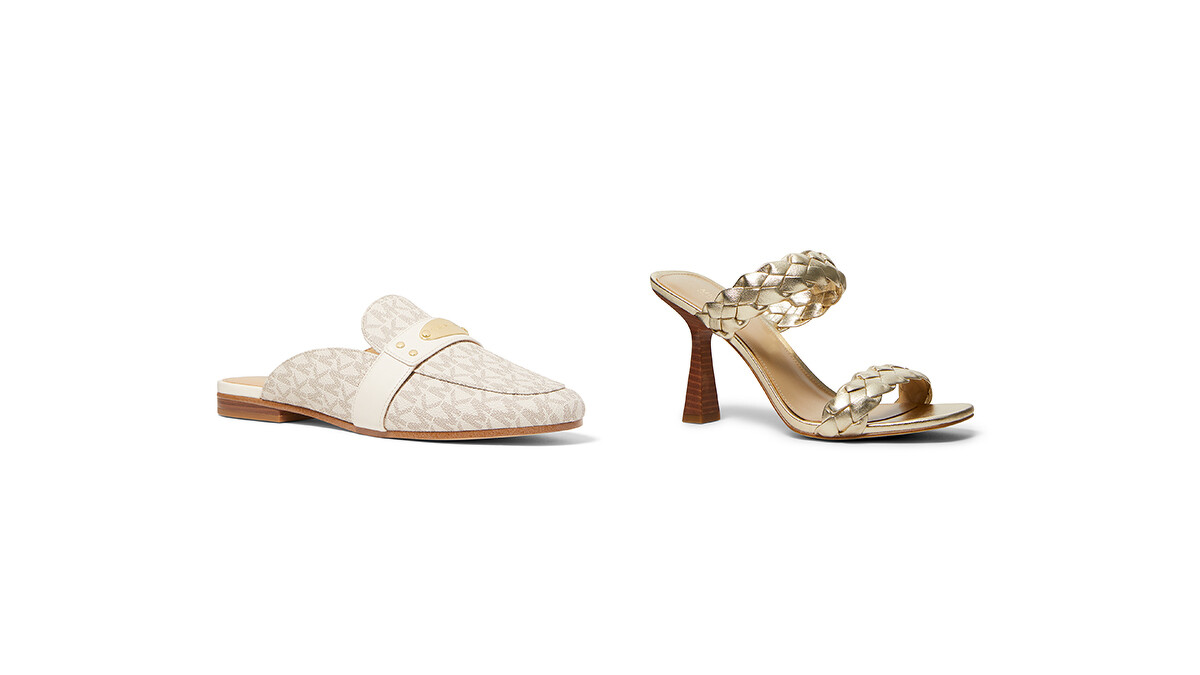 米色老花平底穆勒鞋，NT7,800、金色金屬飾涼鞋，NT7,800。
