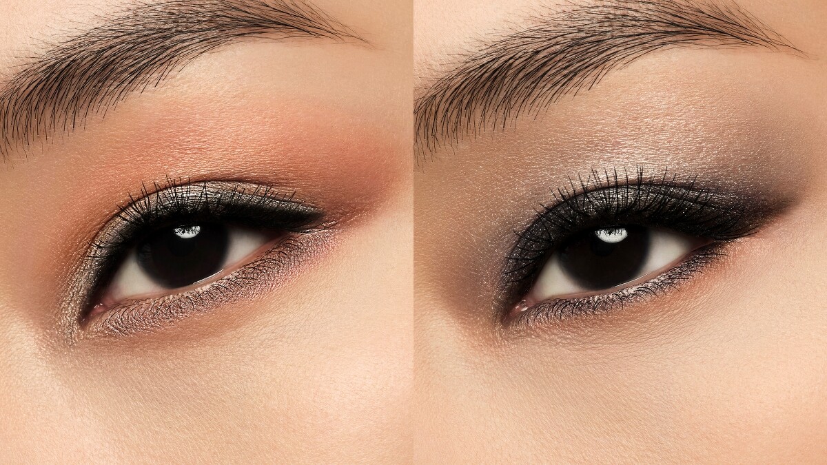 嬌蘭高訂深邃四色眼影盤#11(左)日常妝感示範、(右)深邃妝感示範。