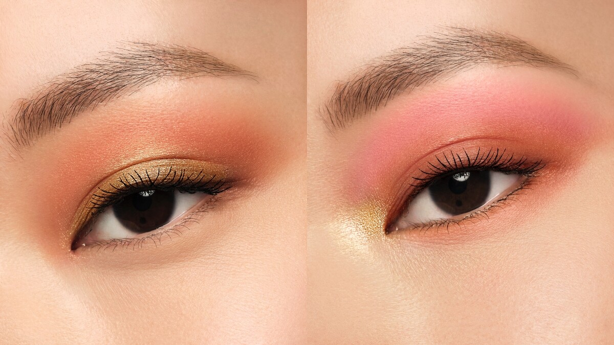 嬌蘭高訂深邃四色眼影盤#555(左)日常妝感示範、(右)深邃妝感示範。