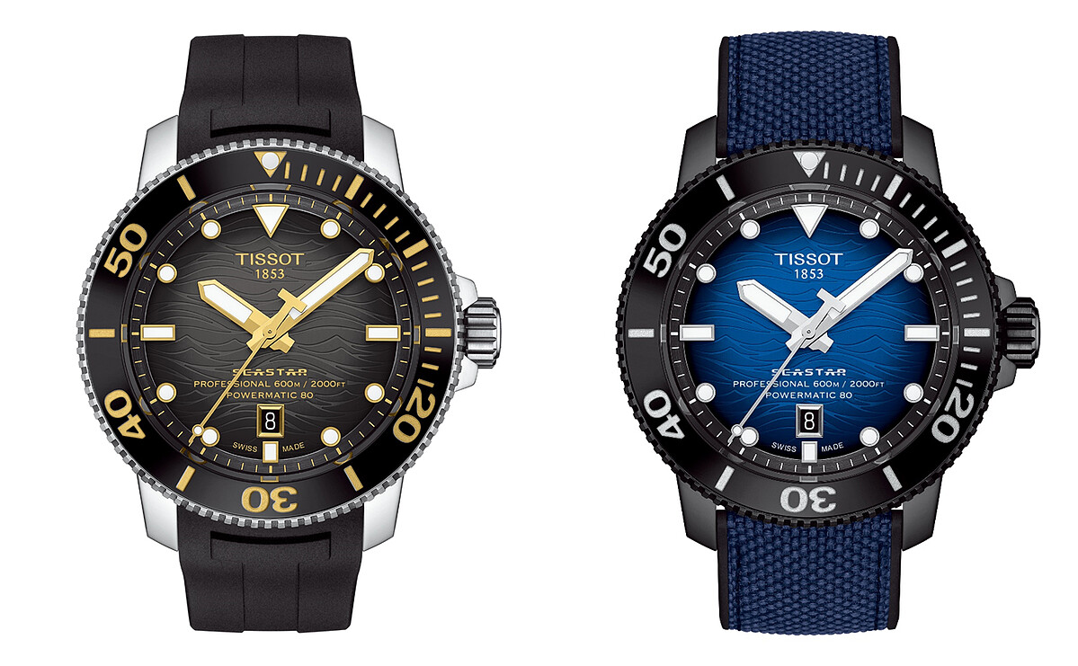 天梭表 Seastar 2000 Powermatic 80專業版腕錶 / 錶面波浪紋飾、一體是黑色橡膠錶帶或可互換雙材料黑色橡膠與藍色織物錶帶，專業潛水錶，通過 ISO 6425 (2018) 認證，最高60巴（600米-2000英尺）防水，配置排氦閥；自動上鍊機械機芯 Powermatic 80 機芯，Nivachron&trade;遊絲。