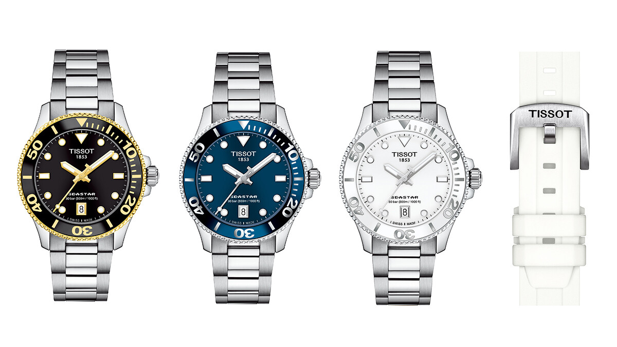 天梭表全新36mm Seastar 1000 石英腕錶配備閃亮的黑色、藍色或白色漆面錶面，輔以黃金或白銀細節，再搭配陽剛氣十足的精鋼錶鏈。防水效能最高可達 30 巴(300 米/1000 英尺)，並配置用於潛水計時的單向旋轉錶圈, 建議售價(左至右)$12300, $12300, $13400