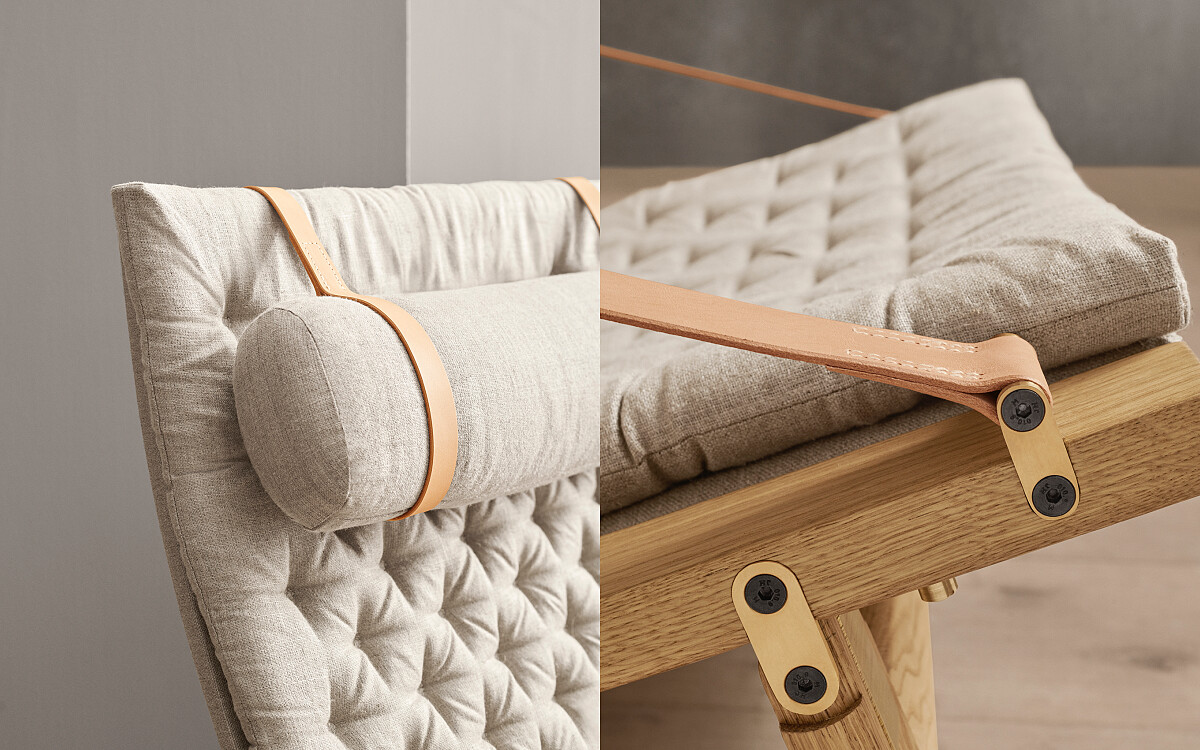 接合處崁入黃銅，成為鮮明的設計亮點，另外也可搭配亞麻帆布頸枕。