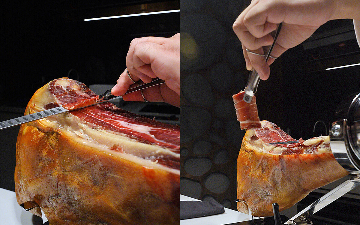 主廚示範片取火腿。