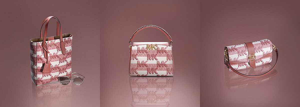 Sinclair七夕限定粉色拼接托特包，NT14,900、Karlie七夕限定粉色拼接提包，NT18,400、Greenwich七夕限定粉色拼接鍊帶包，NT18,400。