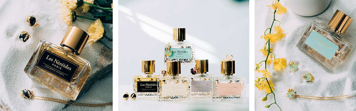 左起：ATCHOULI ANTIQUE古典廣藿香淡香精及系列飾品，基調：廣藿香、雪松、安息香 / Note de C&oelig;ur．恬香絮語全系列 / RUE PARADIS 天堂街12號淡香精及系列飾品，前調：八角、中調：含羞草、基調：檀香木。