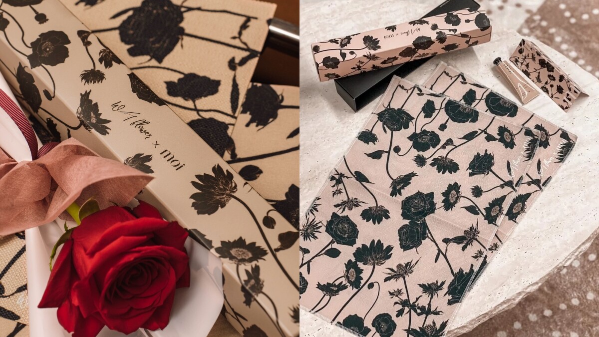 七夕限定香氛居家生活禮盒內附浪花Wave Flower獨家訂製花卉餐墊*2、moi抗菌護手霜*1,價錢NT1,880(原價N2,680)。