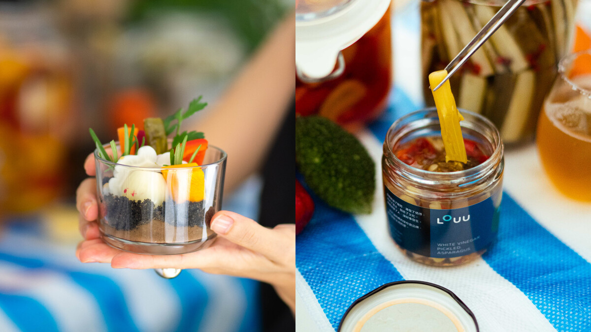 發表會現場以許多格外品醃漬的陳列，並可動手創造出一個小花園，仿泥土的質地則為黑橄欖與黑蒜奶油製成。