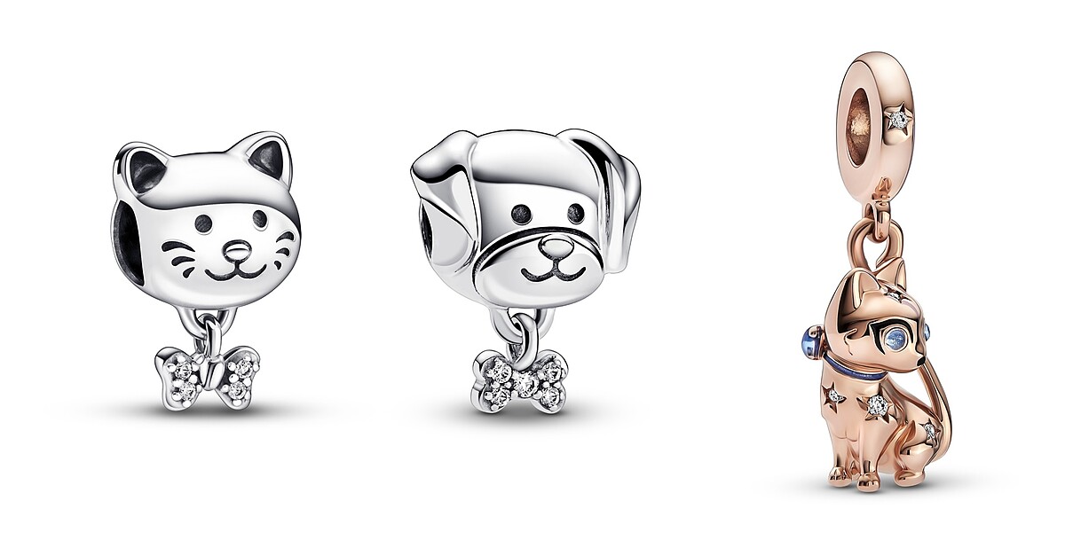 愛貓蝴蝶結串飾NT1,580、寵物犬與骨頭串飾NT1,580、璀璨寵物貓吊飾NT2,880