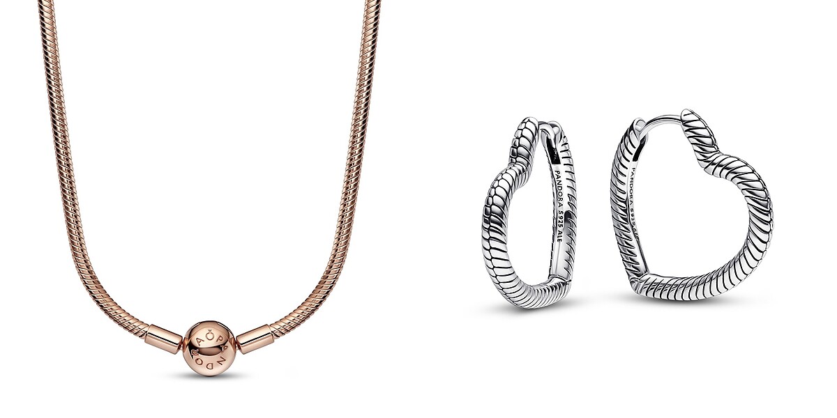 Pandora Moments蛇形項鏈 NT9,980、Pandora Moments心形串飾耳環圈 NT2,080