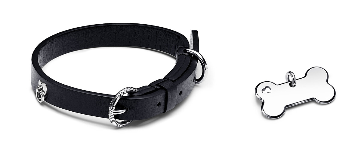 黑色非皮革材質寵物頸圈 NT3,280、骨頭形寵物頸圈飾牌NT1,280