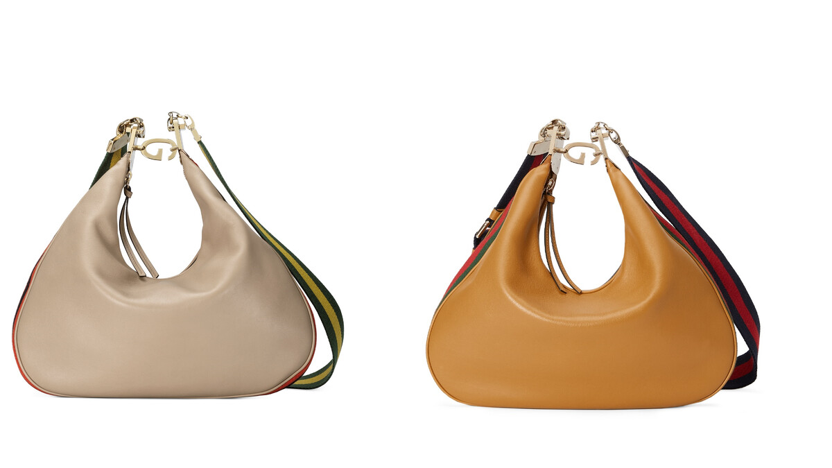 Gucci Attache米色中號肩背提包NT106,900、微風廣場Gucci新店開幕獨家首賣— Gucci Attache 琥珀色中號肩背包(配藍紅藍撞色背帶)NT106,900