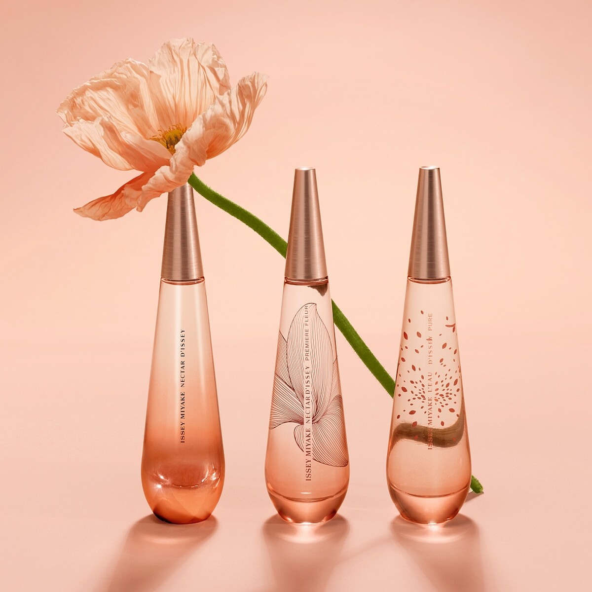 三宅一生ISSEY MIYAKE一生之水NECTAR系列(左至右)昇華淡香精、初蜜淡香精、綻放淡香水。