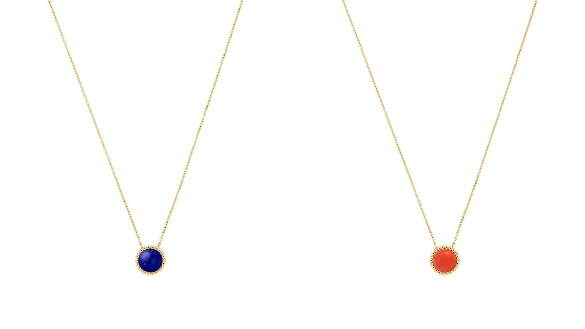 Perl&eacute;e couleurs吊墜，黃K金及青金石；黃K金及珊瑚。