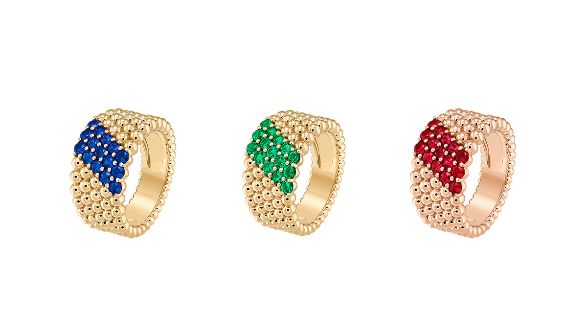 Perl&eacute;e couleurs 5排圓珠戒指，黃K金鑲嵌藍寶石；黃K金鑲嵌祖母綠；以及玫瑰金鑲嵌紅寶石。
