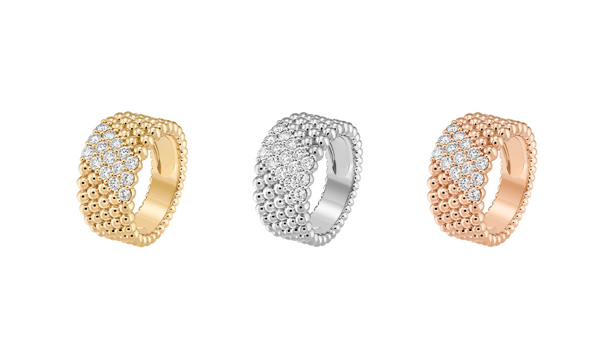 Perl&eacute;e diamonds 5排鑲鑽戒指，分別以黃K金鑲嵌鑽石；白K金鑲嵌鑽石；以及玫瑰金鑲嵌鑽石。