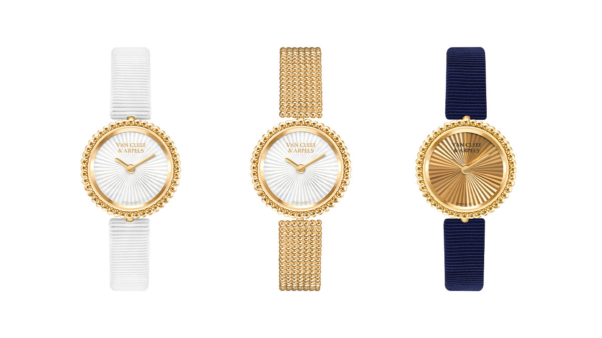 Perl&eacute;e腕錶， 黃K金、璣鏤飾紋珍珠母貝、瑞士製石英機芯、白色羅緞錶帶；Perl&eacute;e腕錶，璣鏤飾紋珍珠母貝、瑞士製石英機芯、黃K金錶帶；Perl&eacute;e黃K金腕錶、璣鏤飾紋縞瑪瑙。
