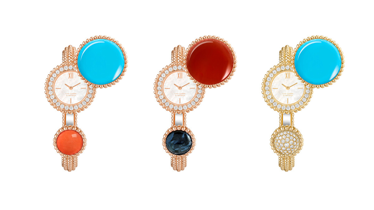 _Perl&eacute;e Toi & Moi腕錶(玫瑰金、鑽石、綠松石、珊瑚、白色珍珠母貝)； Perl&eacute;e Toi & Moi腕錶(玫瑰金、鑽石、紅玉髓、黑色彼德石、白色珍珠母貝)； Perl&eacute;e Toi & Moi腕錶(黃K金、鑽石、綠松石、白色珍珠母貝)。