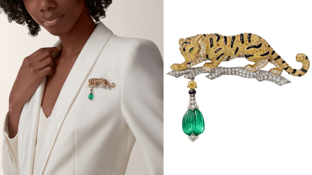 TIGRE PERCHE胸針，一顆5.79 克拉的雕刻哥倫比亞祖母綠，鑽石，縞瑪瑙。