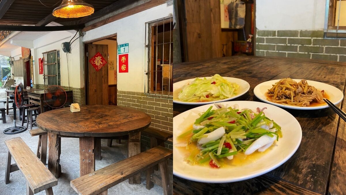 三重橋小吃戶外座位；（左至右）高麗菜、熱炒透抽、炒山豬肉