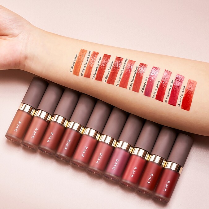 RMK持色水感唇釉全10色手部試色。