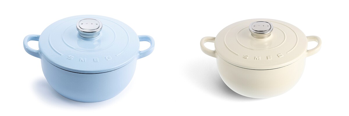 SMEG琺瑯鑄鐵鍋(24cm)，60點+NT2,499，300點可免費兌換，全台限量：粉藍5,000組、奶油白3,000組。