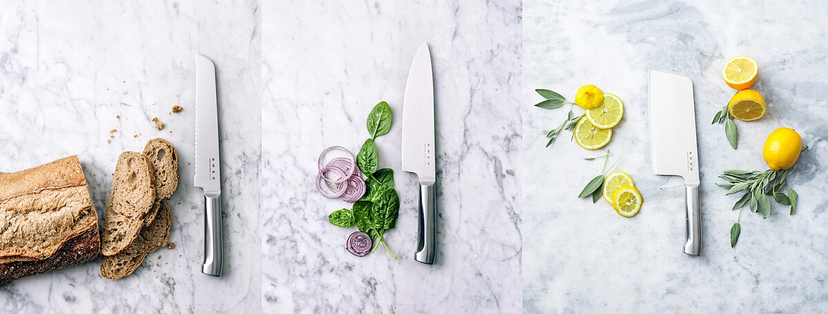 左：麵包刀(19cm)，15點+NT349(市價NT1,980)，全台限量4,800把。/ 中：主廚刀(19cm)，15點+NT499(市價NT2,180)，全台限量18,000把。/ 右：中式菜刀(17cm)，15點+NT639(市價NT2,380)，全台限量17,000把。