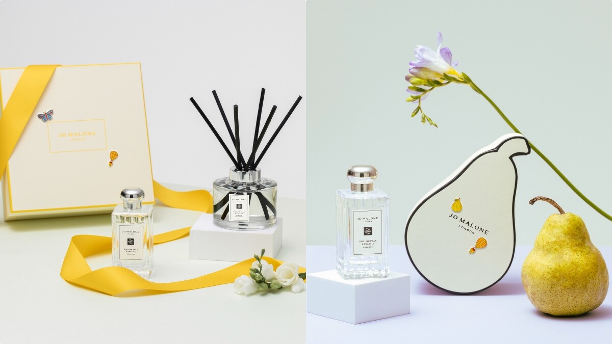 Jo Malone London英國梨與小蒼蘭2022年度限定系列包裝，以及限量威廉梨子盒包裝和限量別緻胸章。