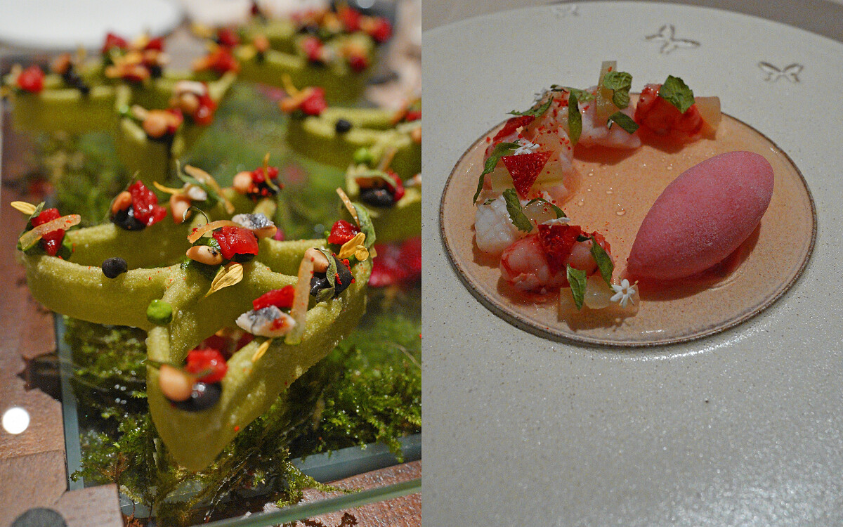 左為具有普羅旺斯風味的開胃小點，右為主廚使用海鮮、西瓜前菜組合刻畫了對高雄的印象。