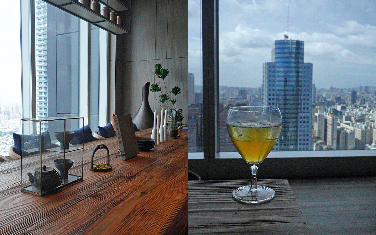 右為推薦茶飲「夏夜晚風」，是以綠茶為基底搭上接骨木、萬壽菊以及檸檬。