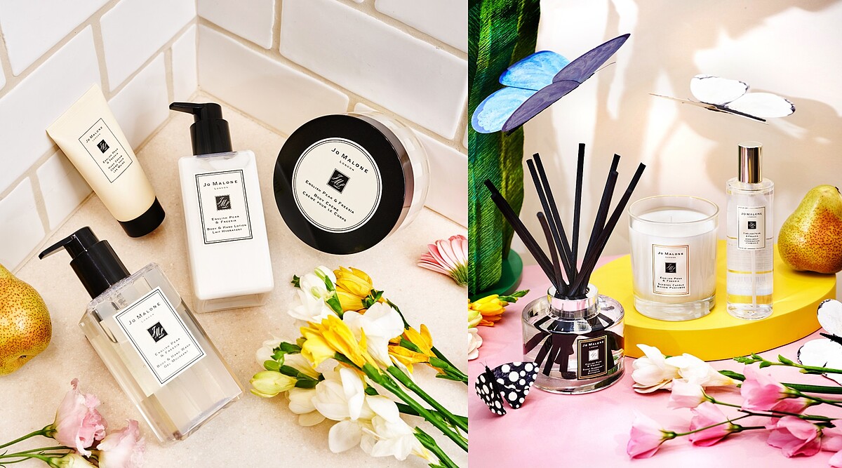 (左)英國梨與小蒼蘭潔膚露、潤膚乳讓每個沐浴保養時刻更加舒心療癒，小巧輕便的護手霜方便攜帶隨時潤澤呵護雙手 / (右)英國梨與小蒼蘭香氛工藝蠟燭及擴香、室內香氛，讓居家空間無時無刻沈浸在質感香氣裡