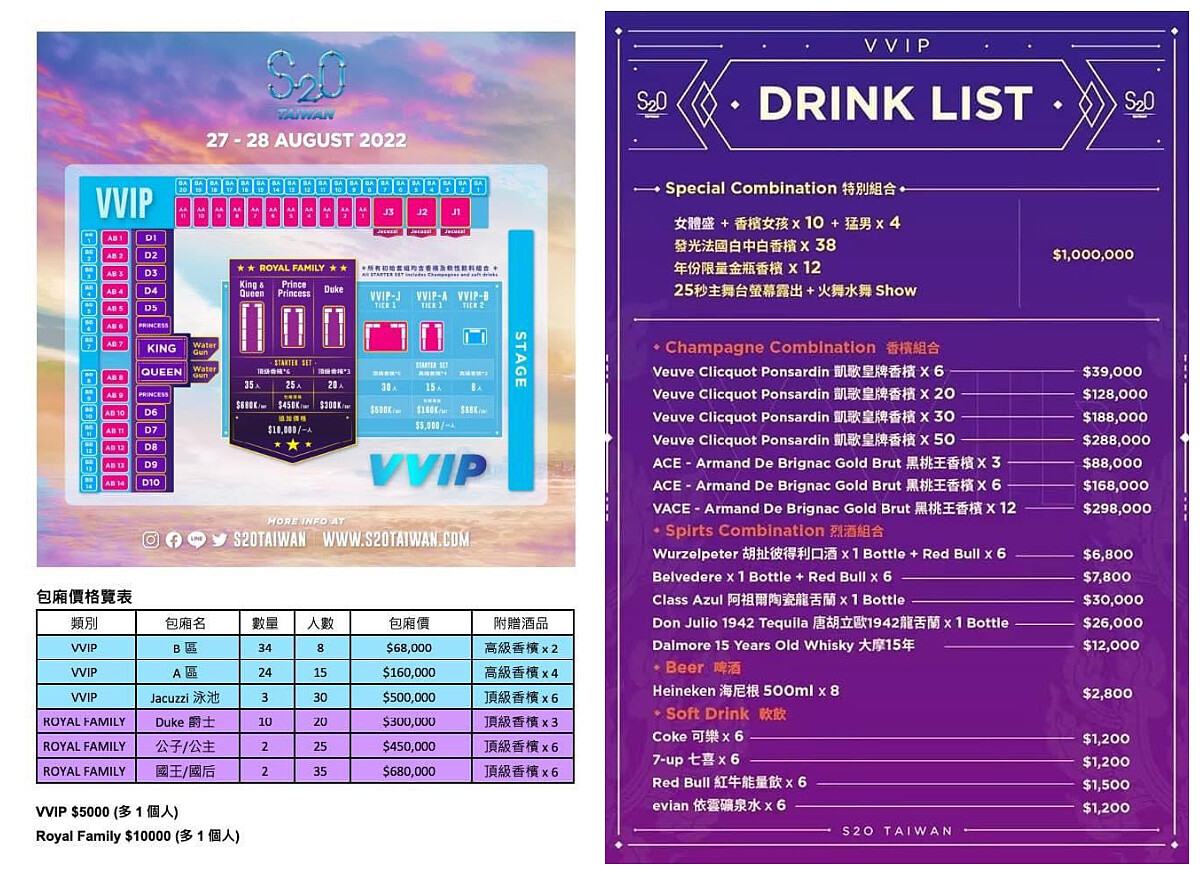 2022「S2O Taiwan潑水音樂祭」包廂價格與酒水費用