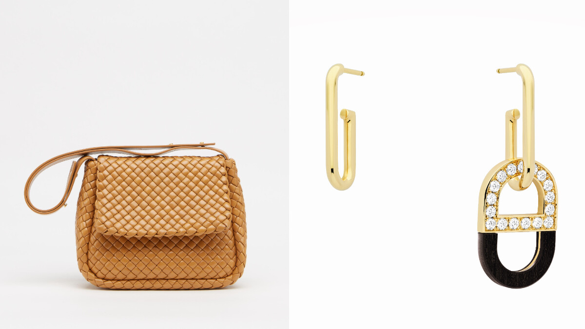 Bottega Veneta COBBLE 鋪棉襯墊編織羊皮肩背包；Dior COLOR DIOR 鑽石與木質黃K金不對稱耳環，NT350,000。