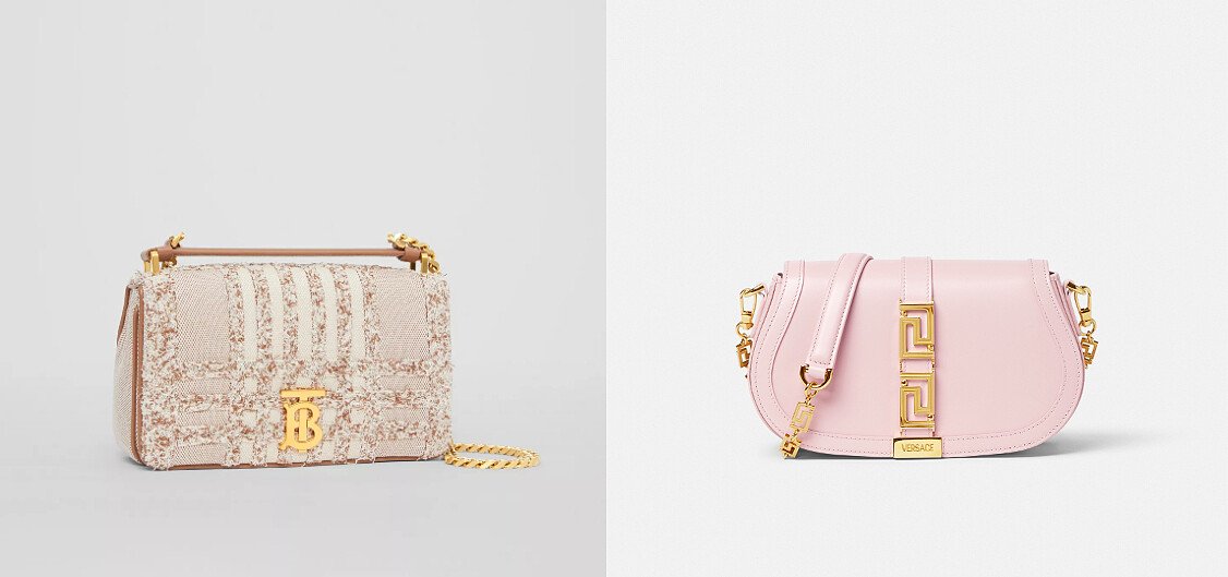 Burberry小型針扎帆布Lola包(自然色)；VERSACE粉色Greca Goddess肩背包。
