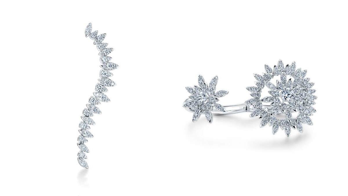 Aerial Twisted Dewdrop Earrings 鑽石/Aerial Sunburst Double Finger 鑽石戒指